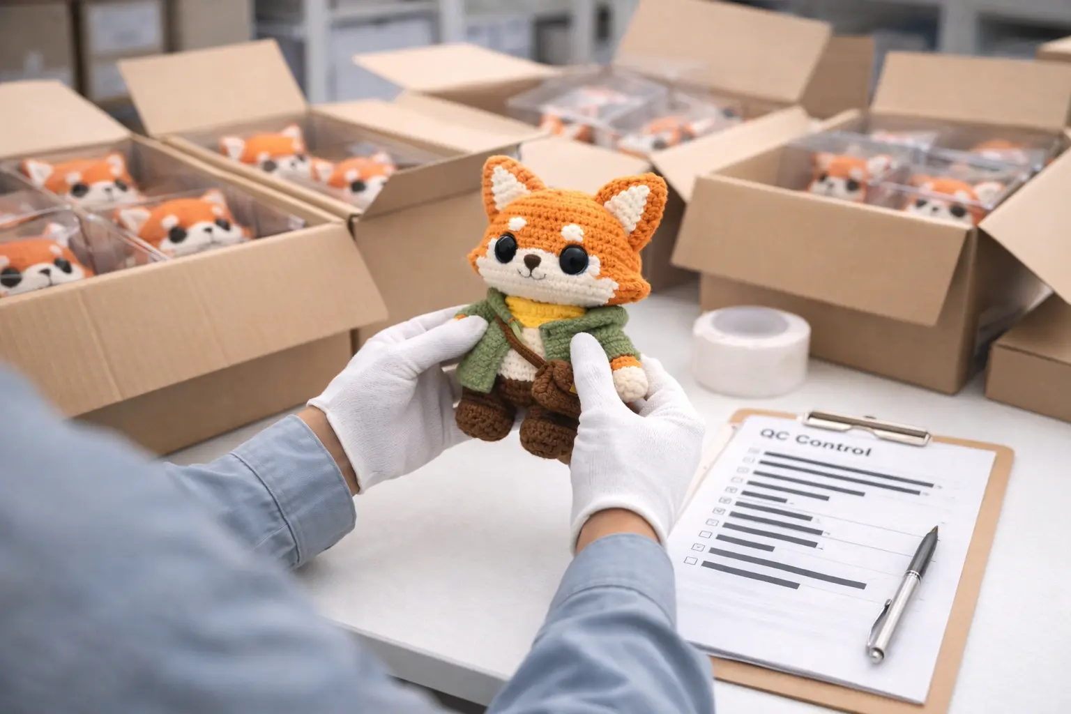 Quality control and packaging workstation with organized products and inspection process