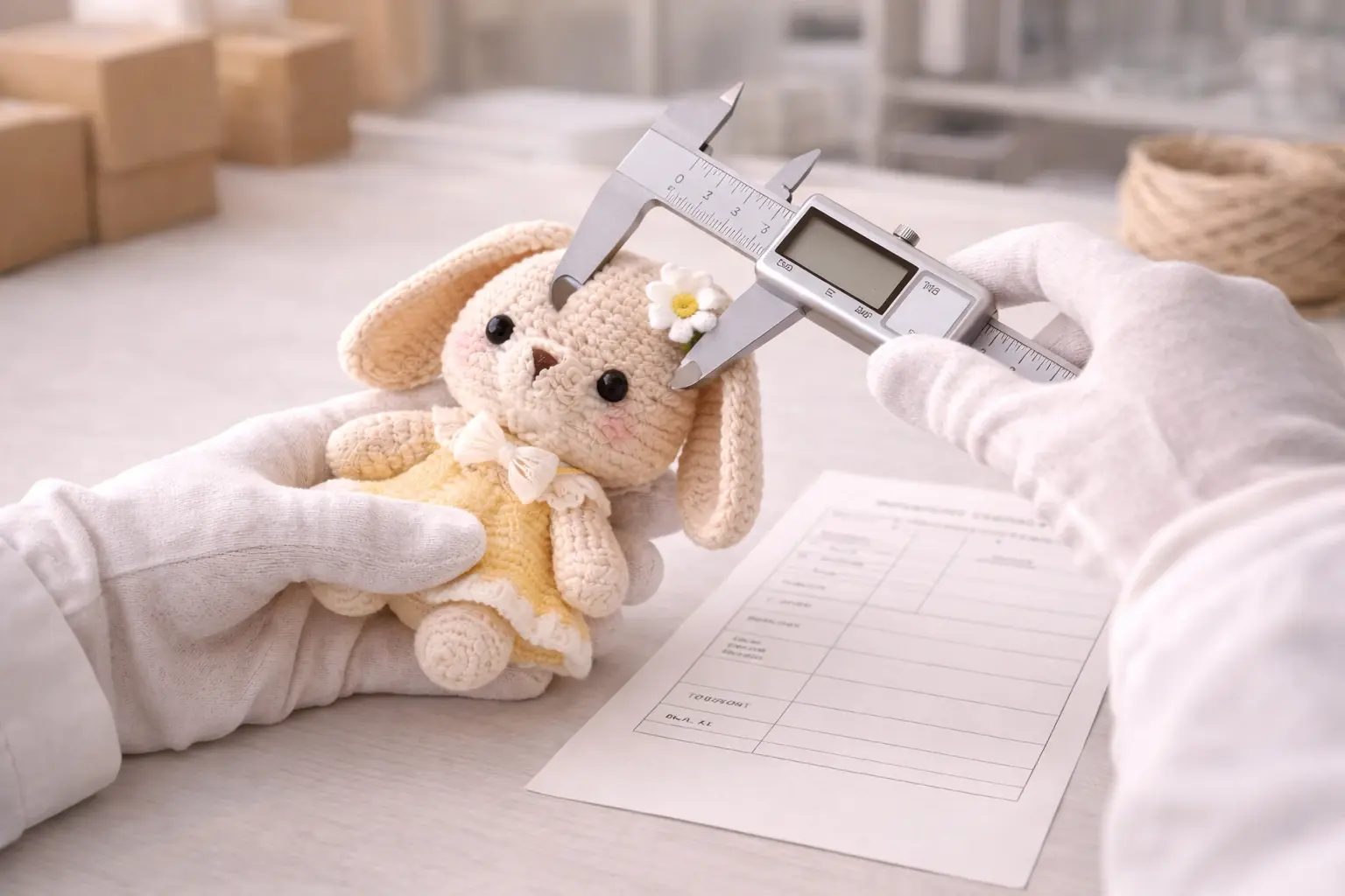 Quality inspector using caliper to measure crochet or plush toy dimensions at inspection workstation