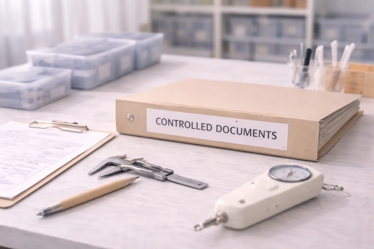 Quality process workstation banner showing controlled documents and inspection station