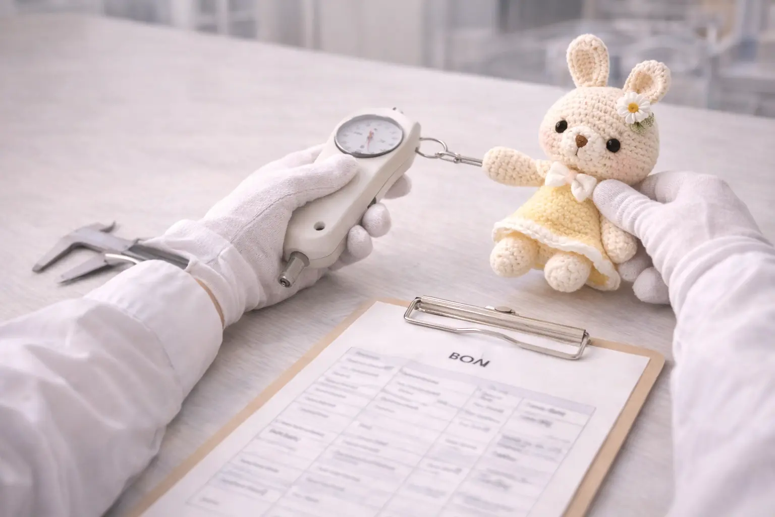 Quality testing workstation with dimension measurement, stitch inspection and QC records