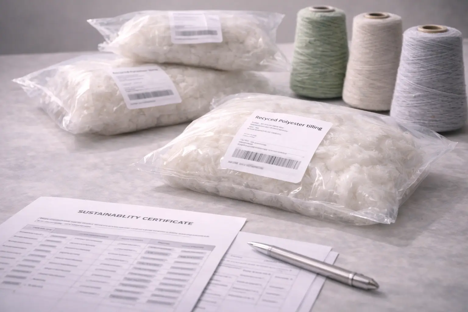 Recycled yarn and sustainable material references with documentation elements