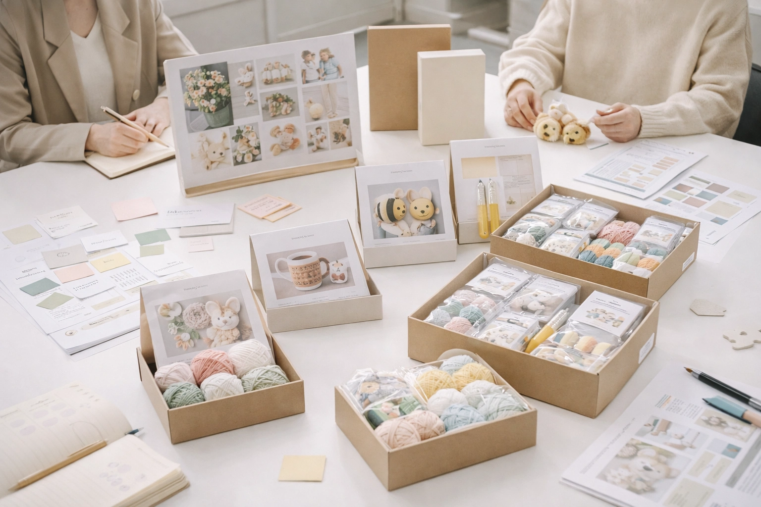 Retail and lifestyle brand buyers reviewing product samples, packaging mockups, and seasonal planning materials