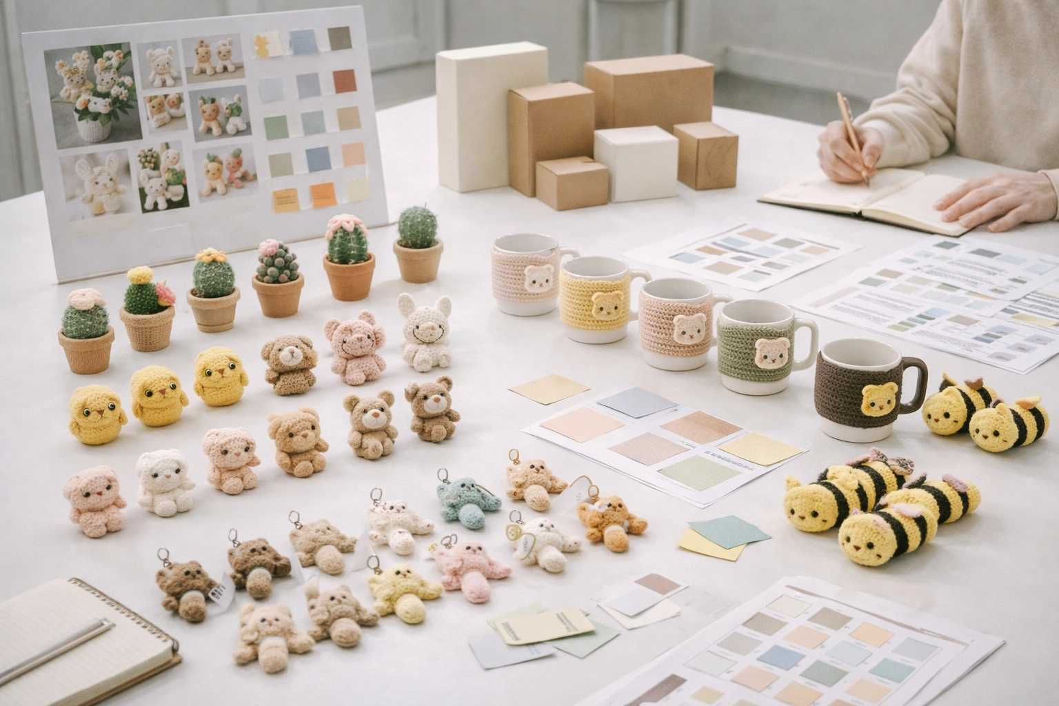 Coordinated retail product series planning board with SKU variants, packaging references, and assortment layout