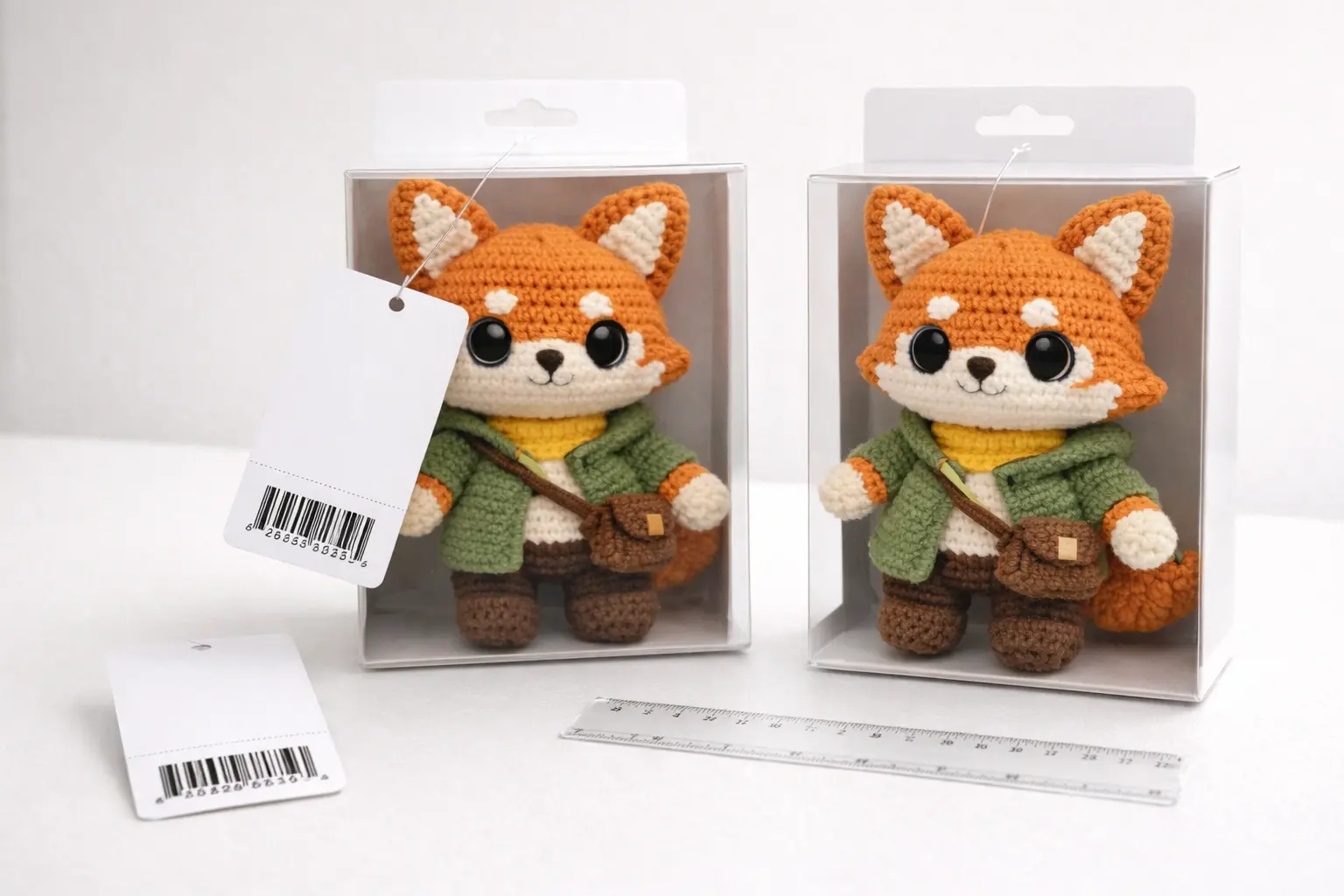 Retail-ready products with packaging, hanging tags, and barcode-ready presentation