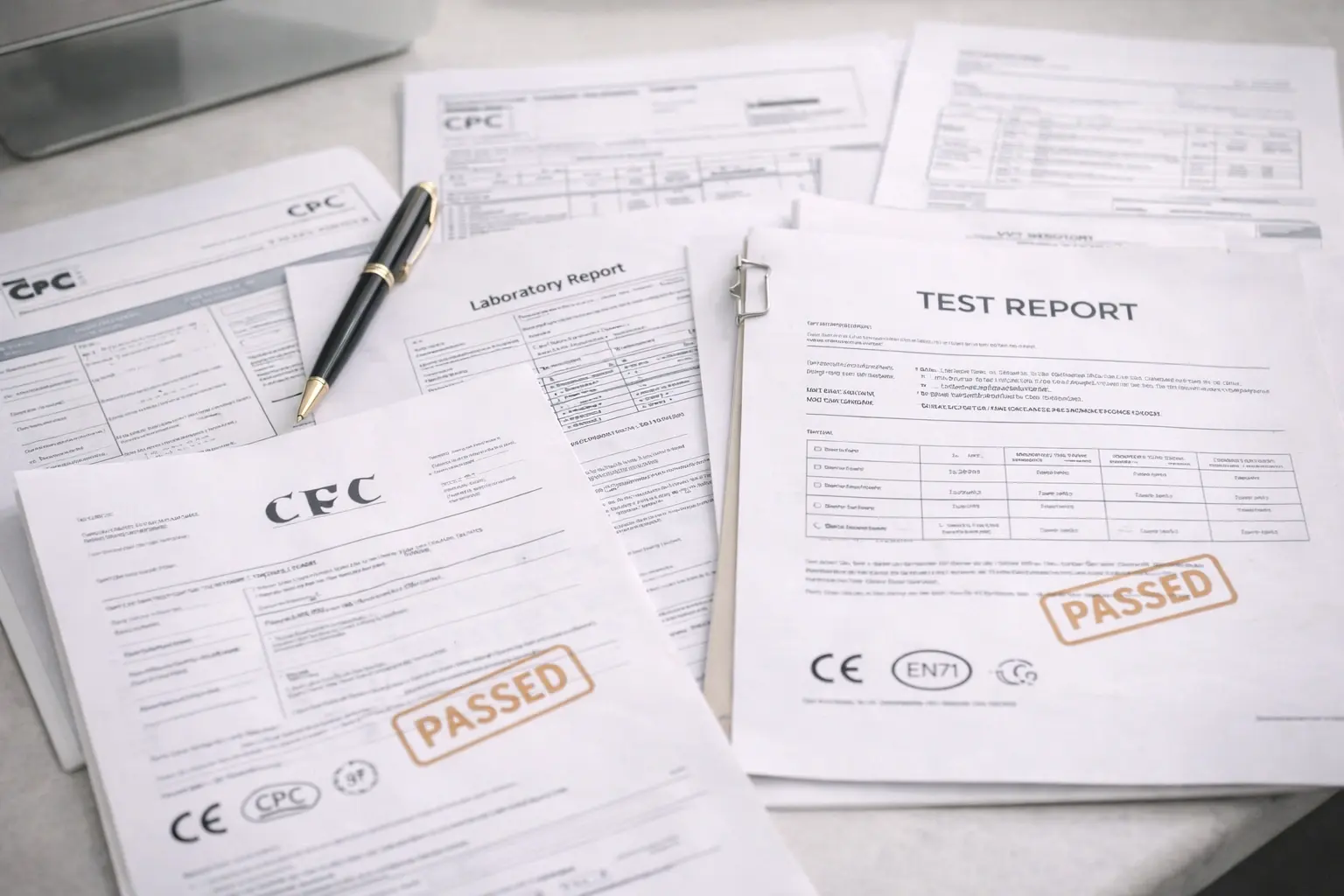 Compliance documentation, supplier records, and manufacturing files prepared for buyers