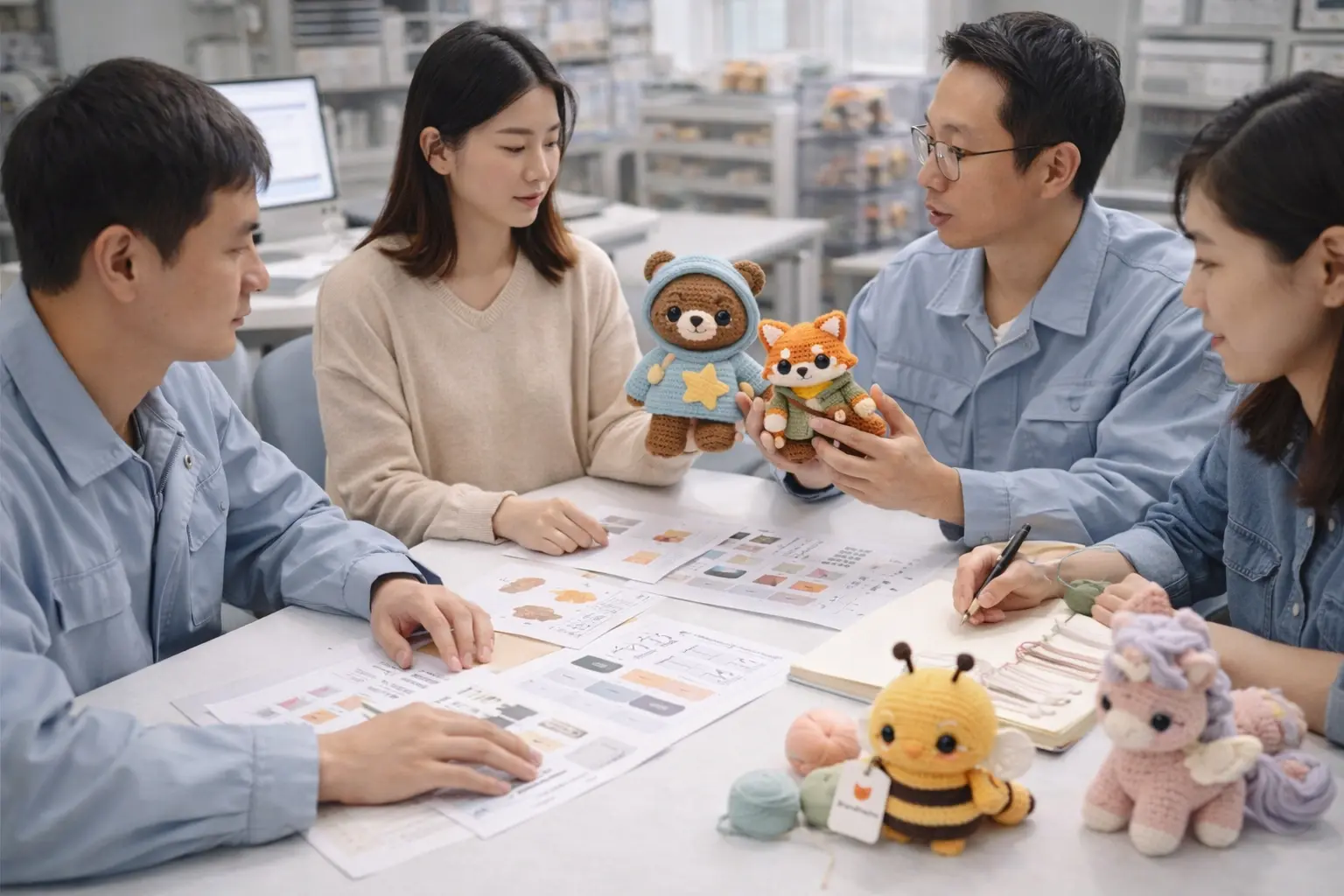 Manufacturing team reviewing crochet product requirements, samples, and technical details