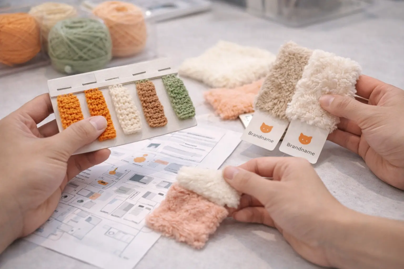 Material sample review, accessories check, and product confirmation on a worktable