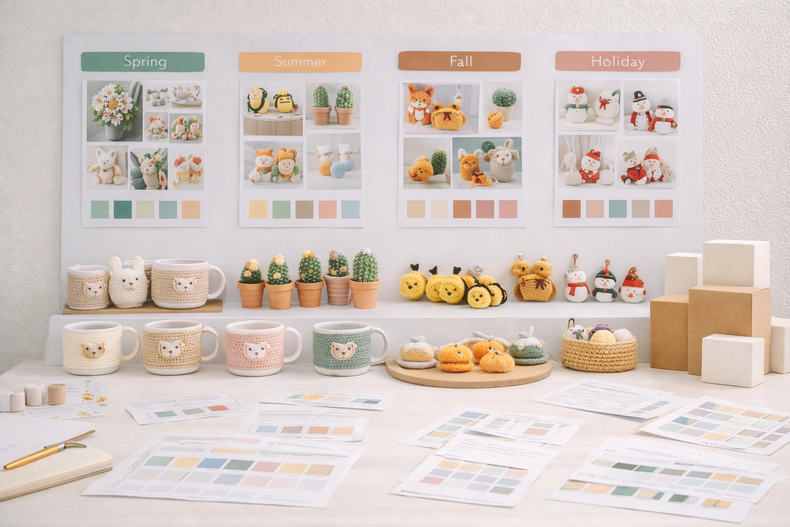 Seasonal retail collection planning board with spring summer fall and holiday product direction