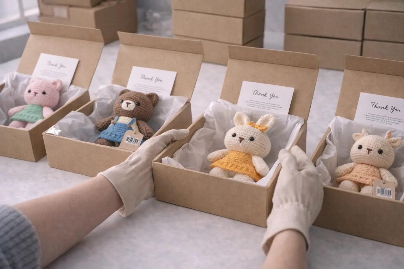 Corporate gift packaging preparation for branded crochet products