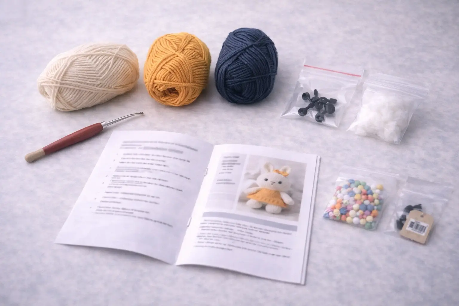DIY crochet kit components arranged for educational and kit system programs