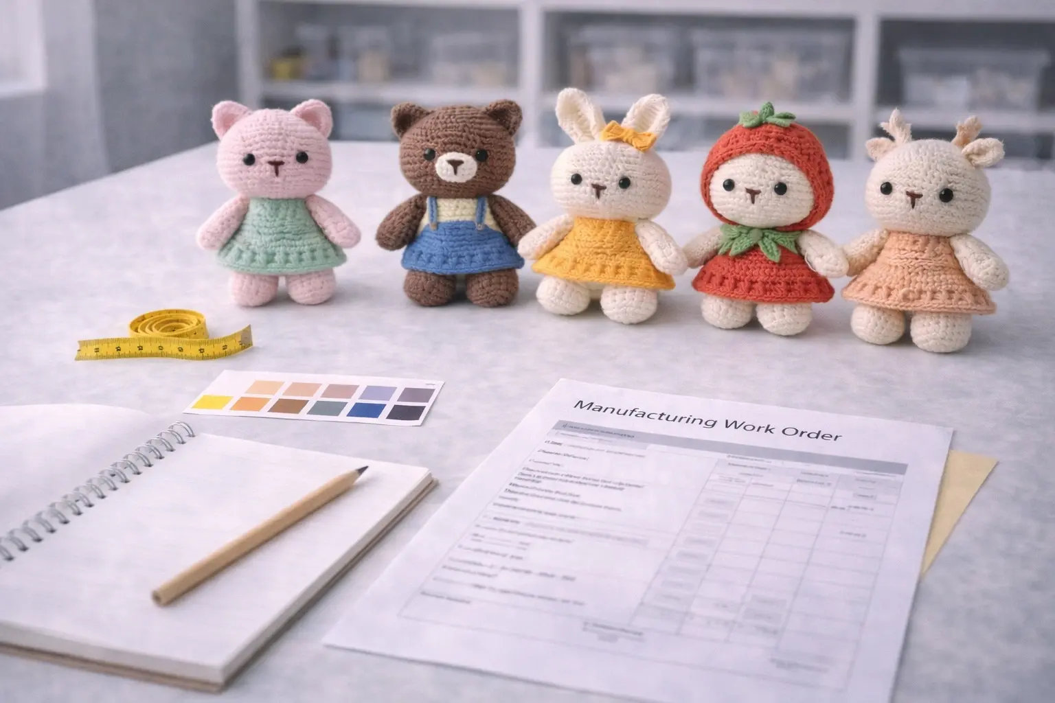 Product review meeting with samples, notes, BOM references, and material discussion