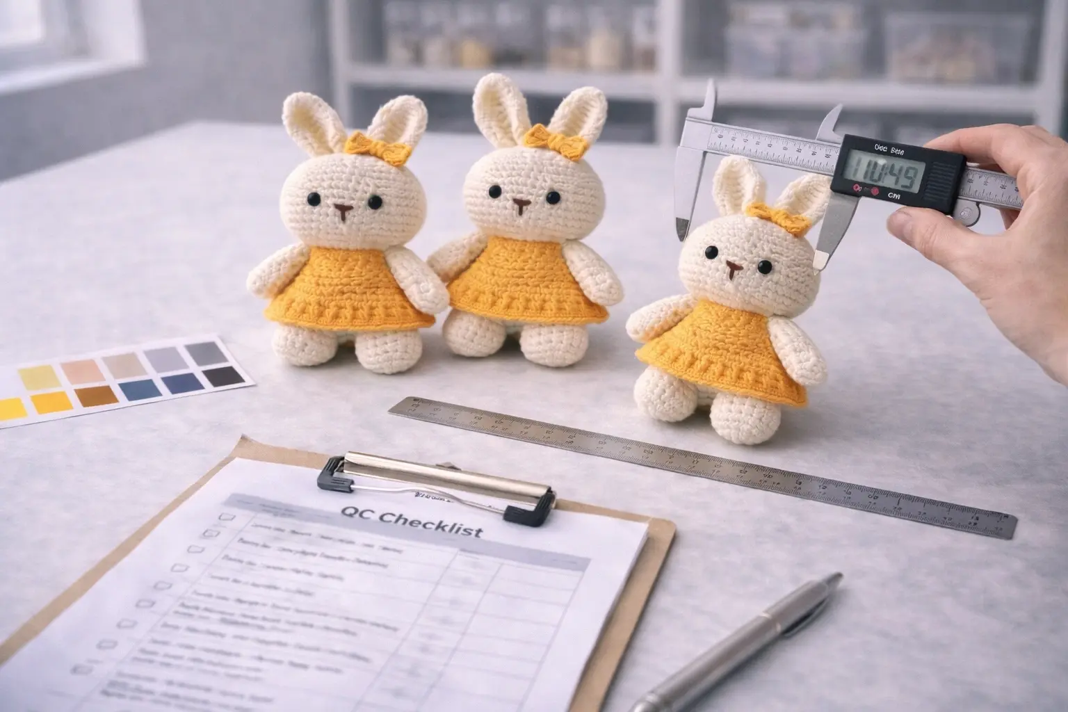 Crochet product quality inspection desk with samples, records, and tools