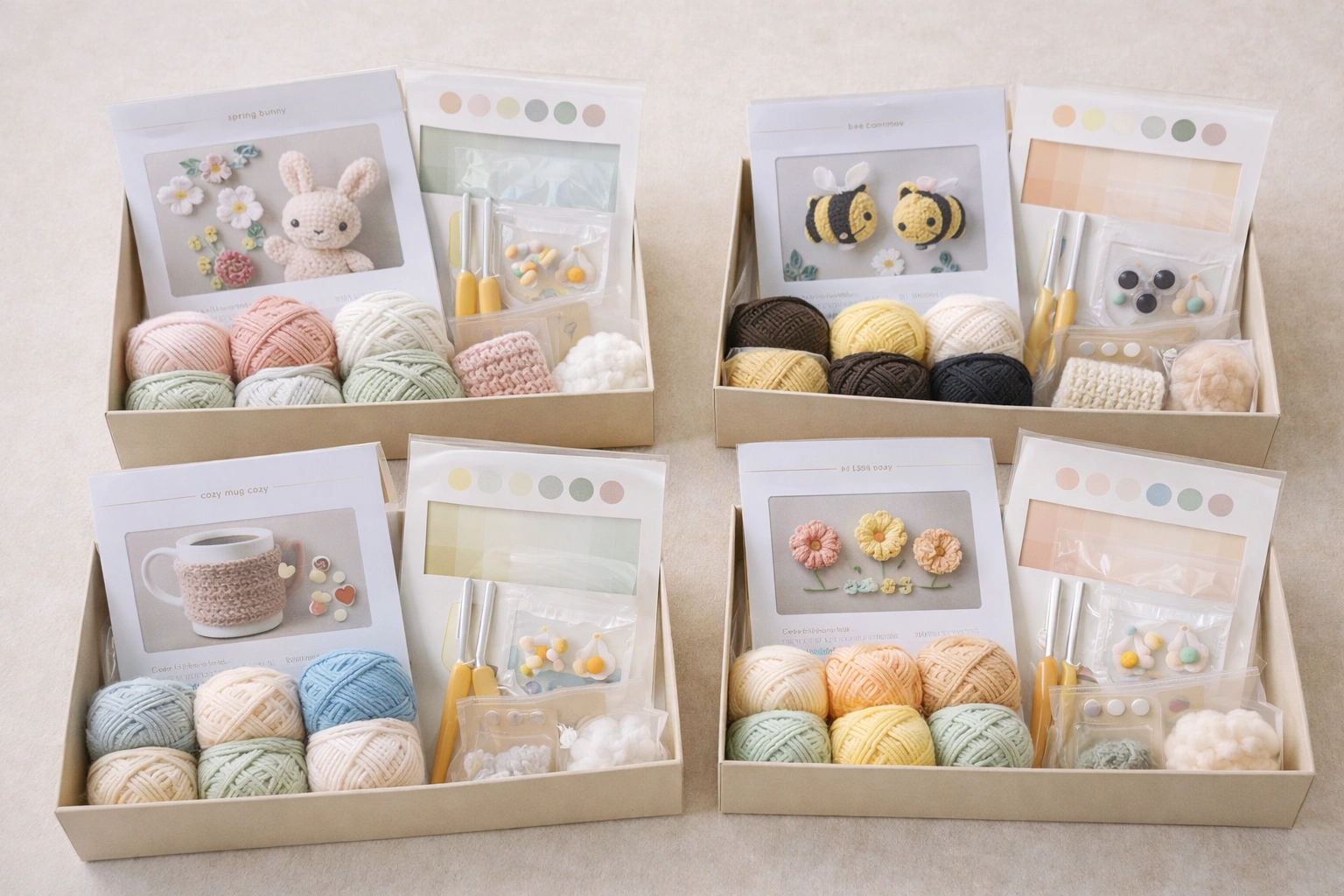 Recurring crochet subscription kit program with multiple themed monthly boxes