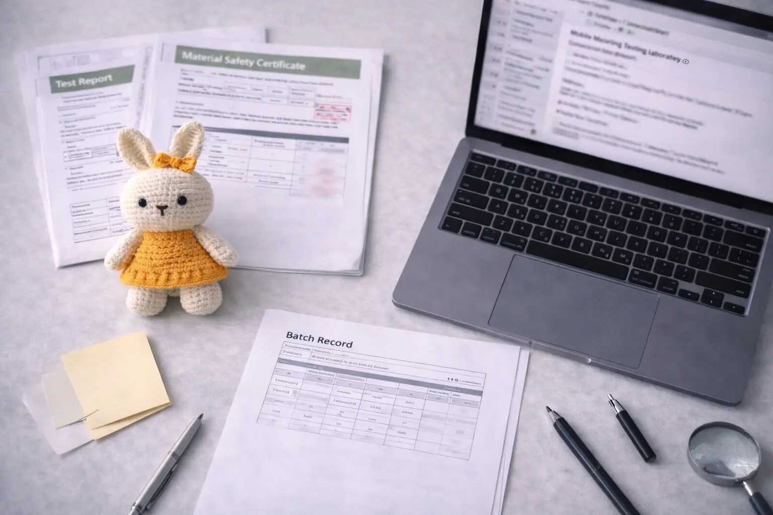 Testing preparation workflow showing production-intent samples, BOM records, and documentation support
