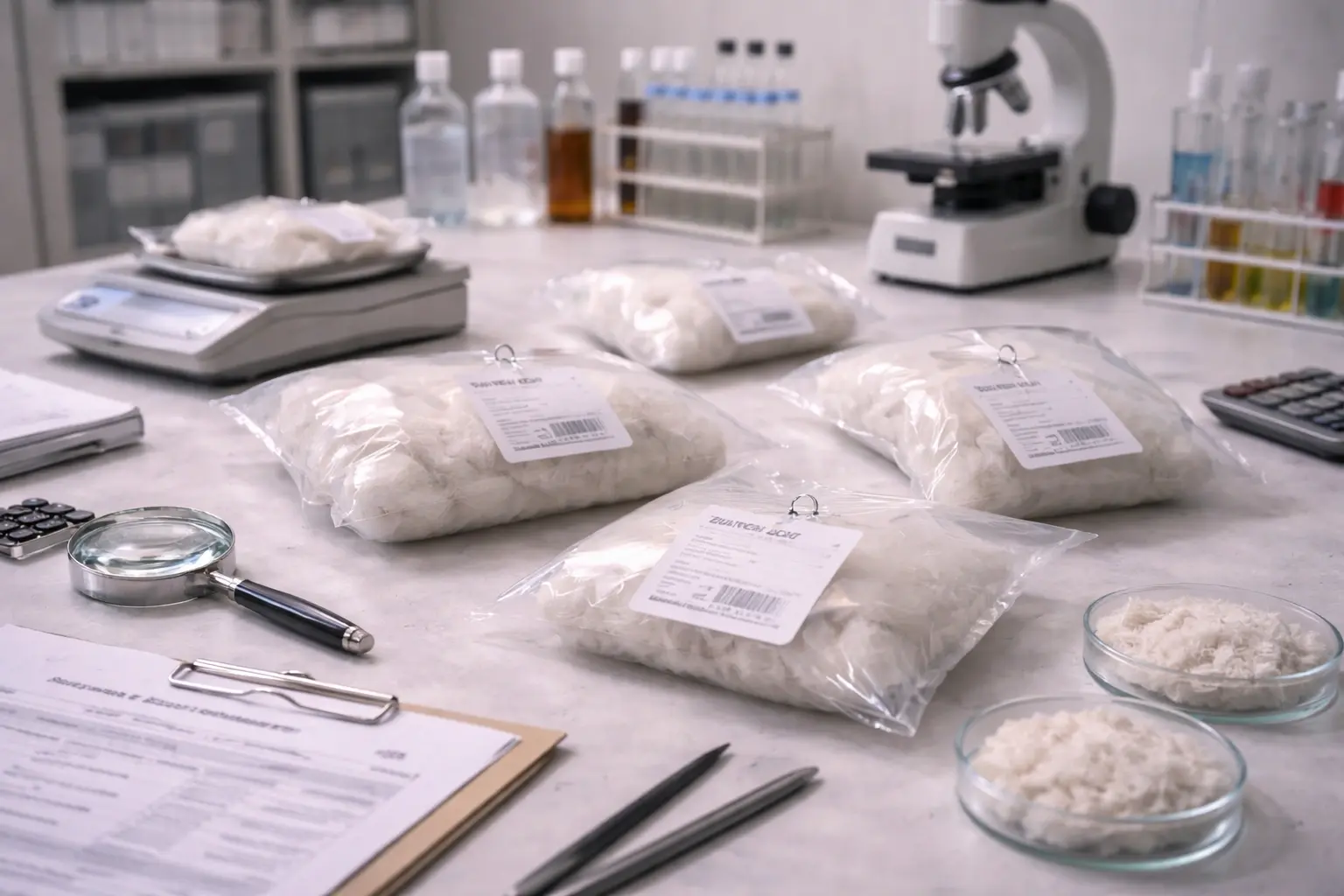 Textile material safety testing with samples, tags, and controlled review setup