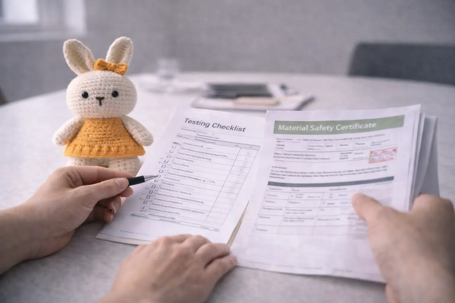 Team reviewing compliance checklist, component list, and production-intent samples for testing