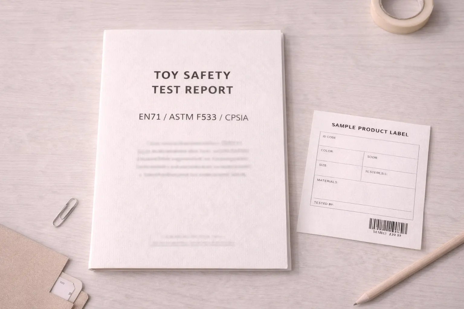 Toy safety test report cover and sample labeling documents