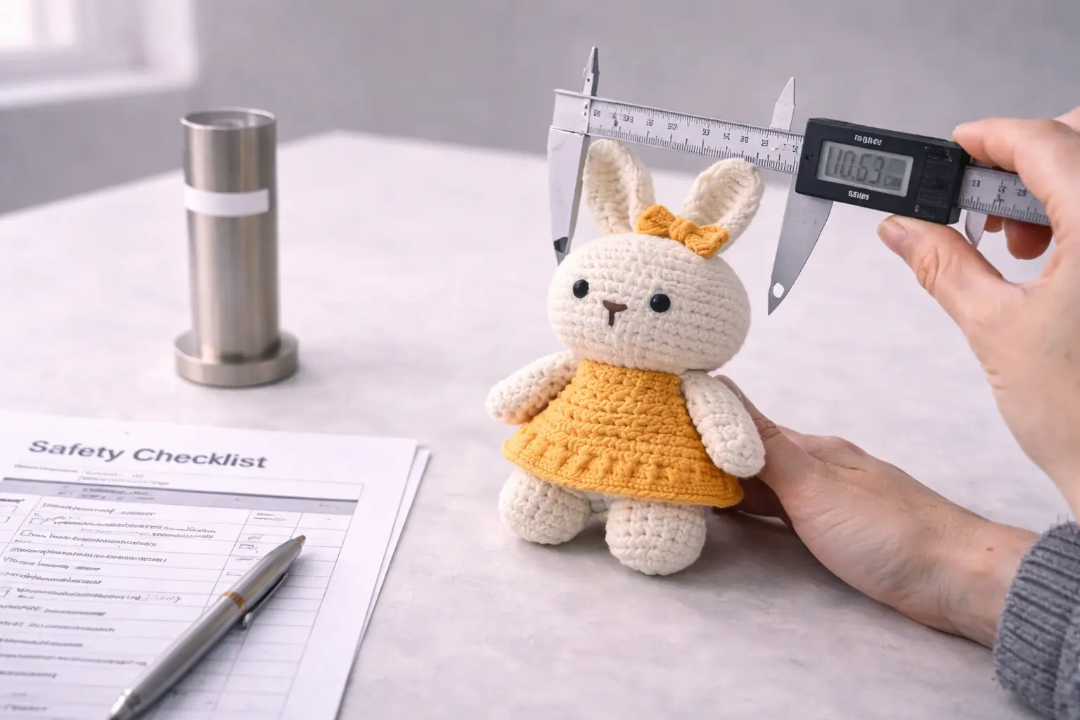 Toy safety testing scene for crochet products with sample item and measuring tools