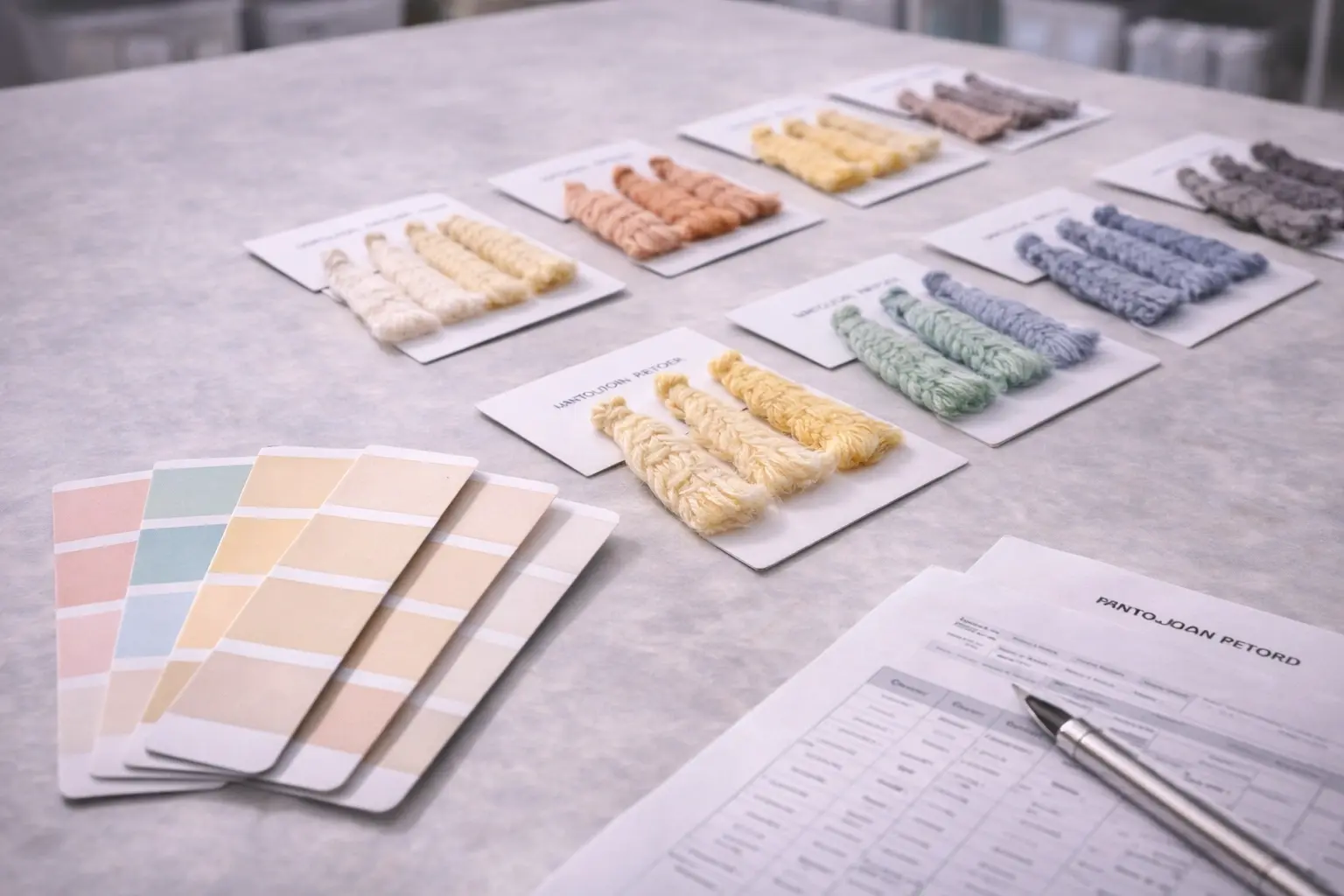 Pantone card and multiple yarn shade samples for color consistency control