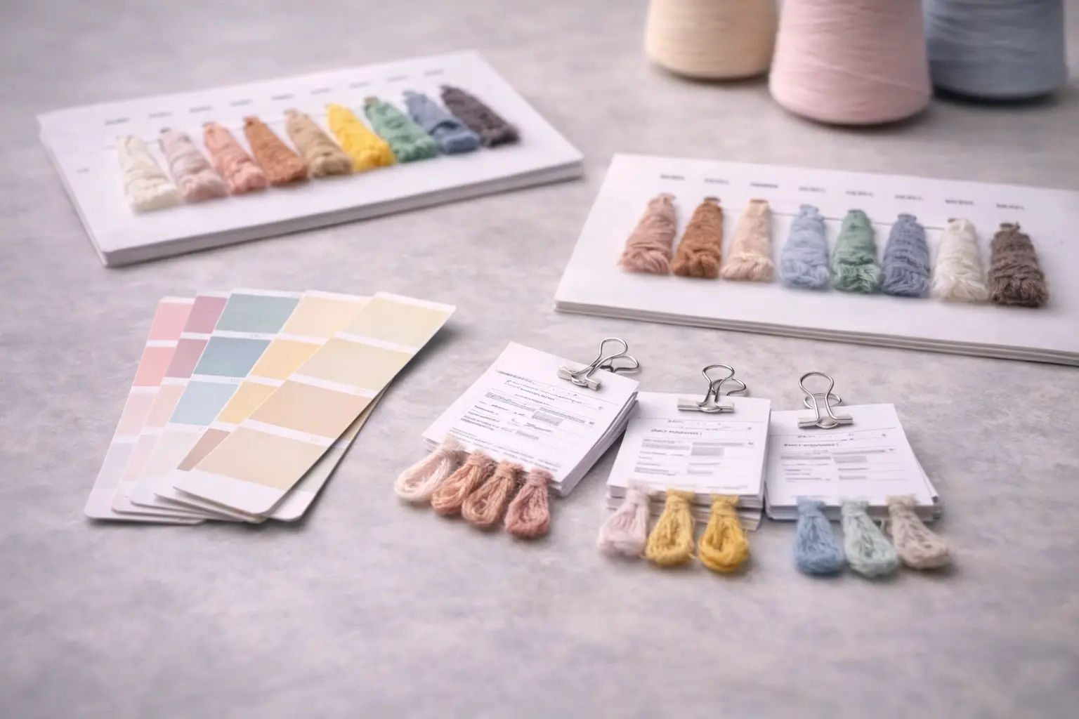 Yarn color customization references with sample cards and Pantone guides