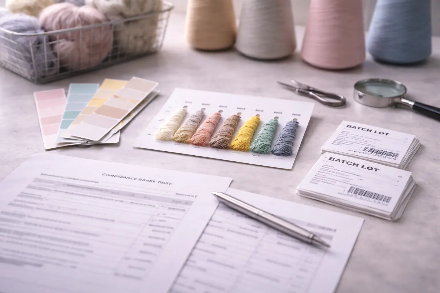 Yarn cards, Pantone references, batch labels, and material traceability documents