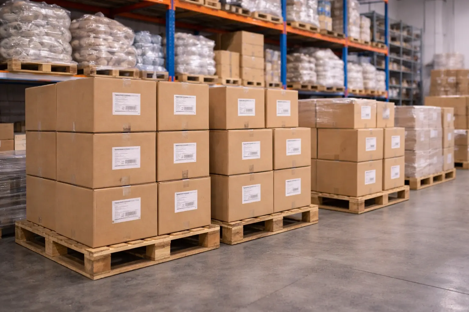 Organized yarn warehouse with labeled cartons and stable material supply setup