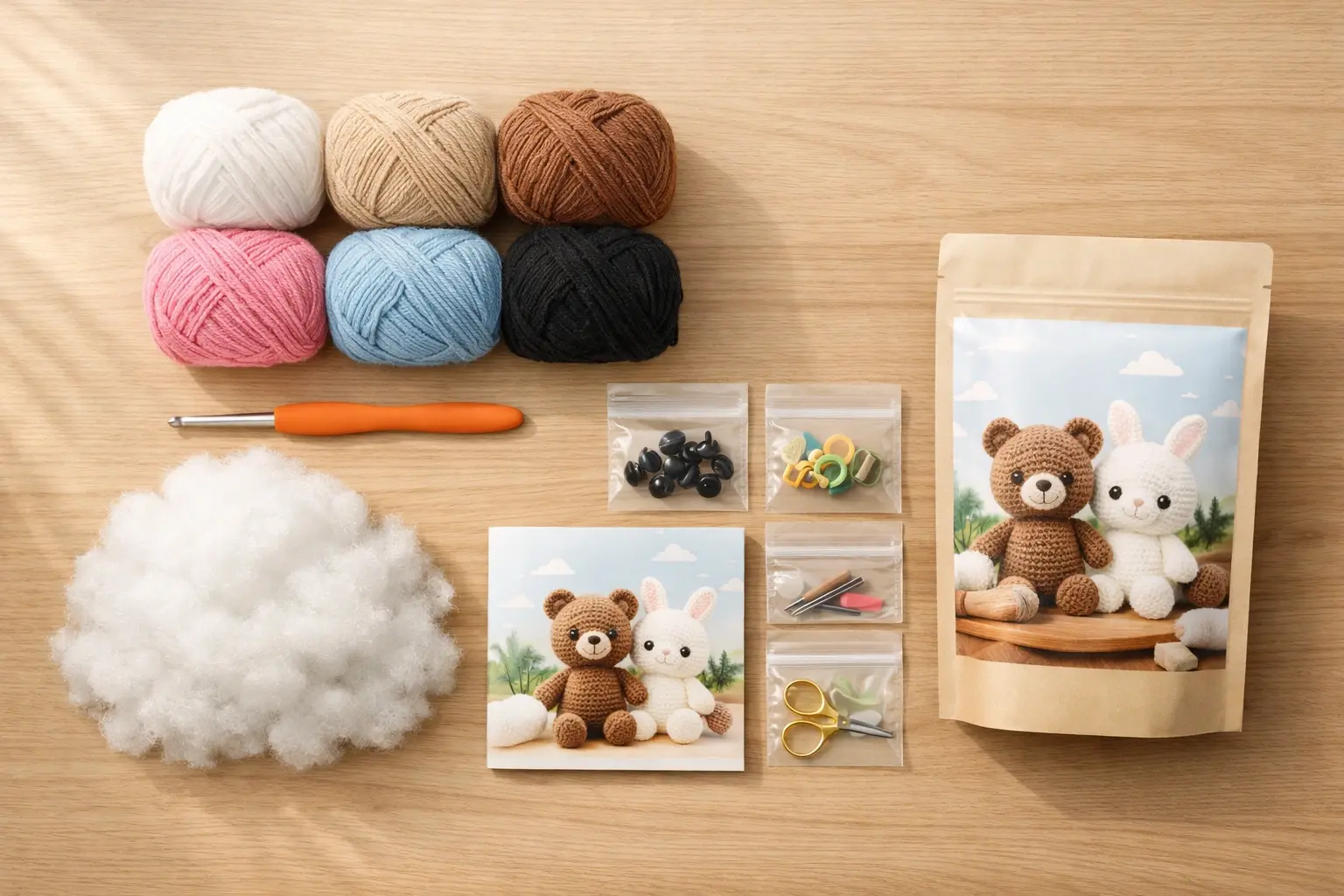 DIY crochet kit flat lay showing yarn, hook, stuffing, instruction booklet and packaging