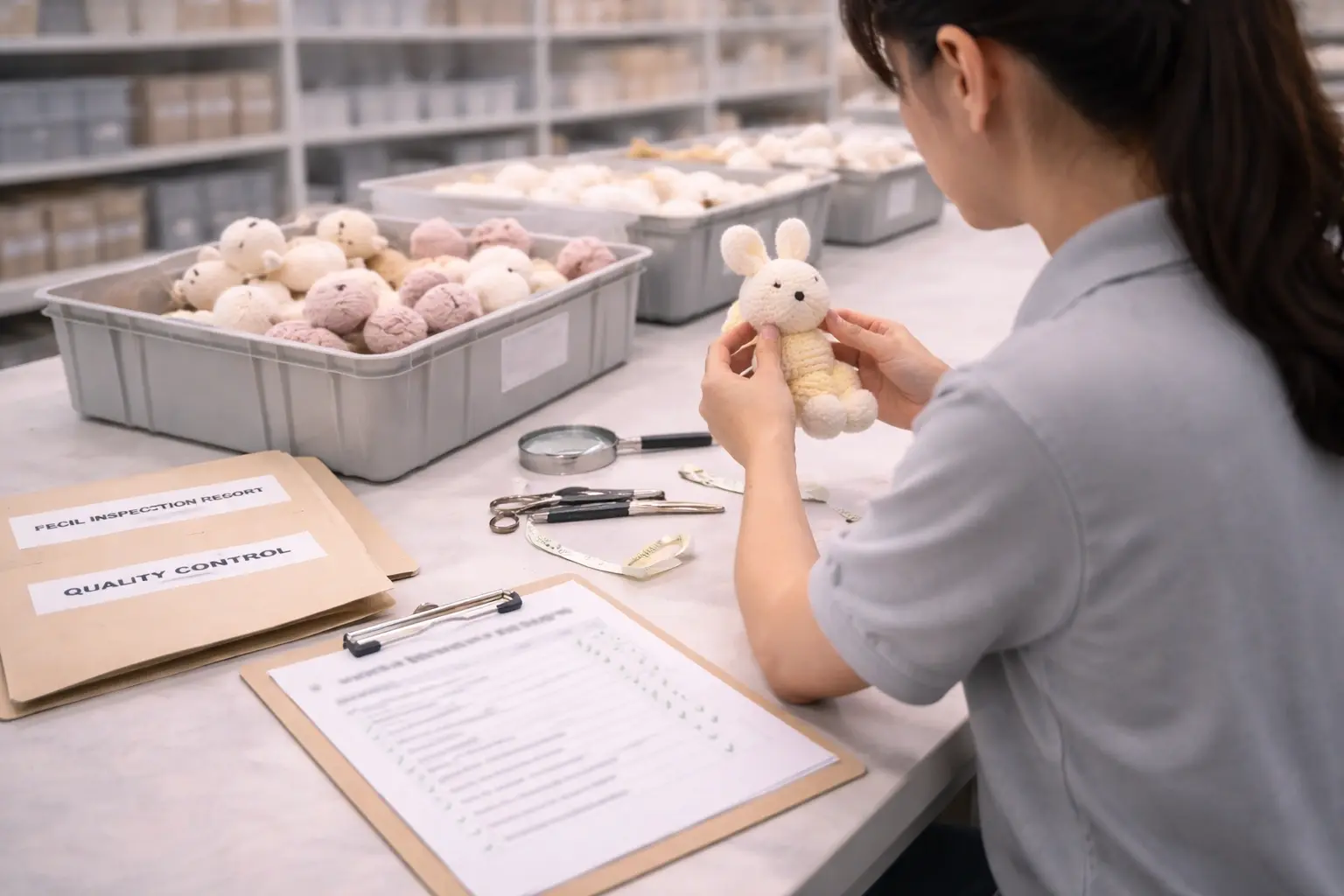 Final verification desk with inspection files, shipment review documents, and production confirmation records