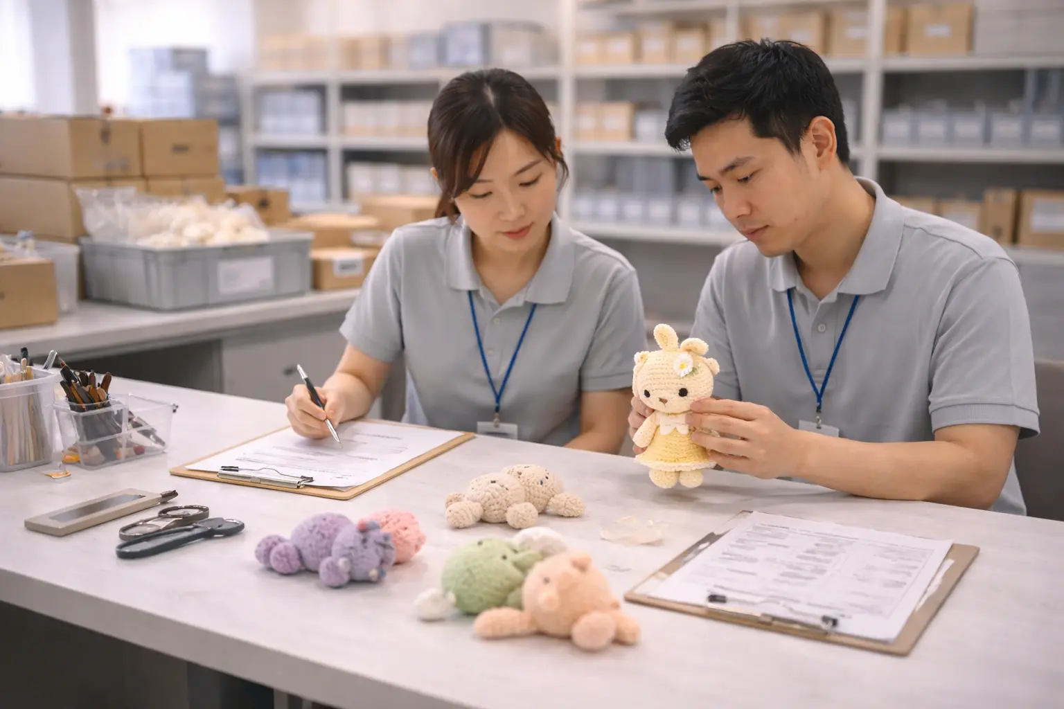 Factory QC team reviewing handmade production samples and production documents