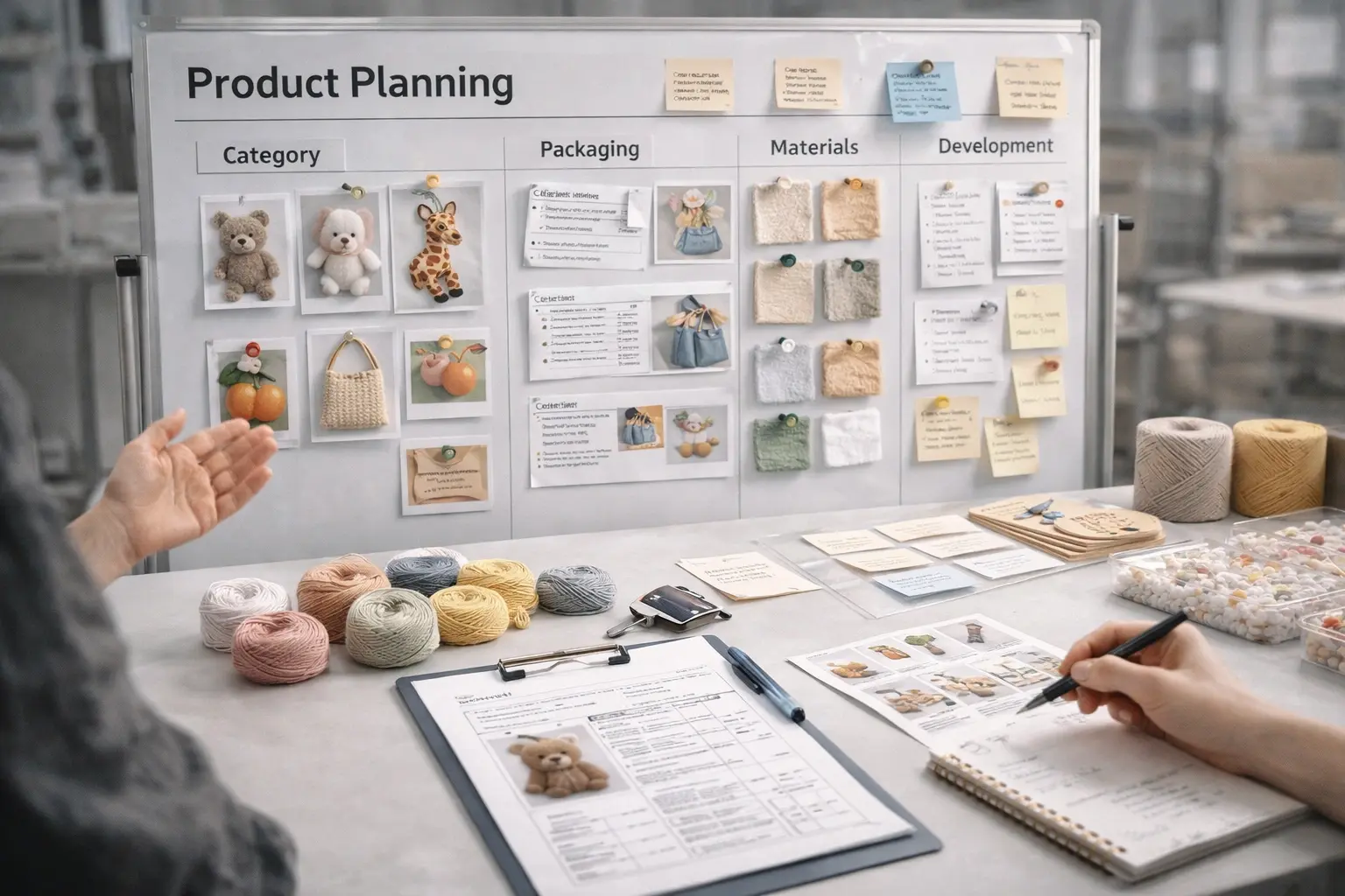 Product selection guidance board with crochet categories, samples, and project planning materials